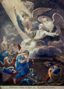 Incisione a colori della gloria di George Washington sollevata al cielo dal Tempo e dall