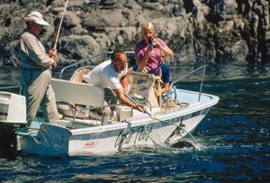 Un pescatore filma la sua cattura mentre recupera un salmone a Bute Inlet