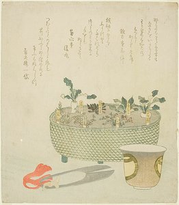 Le sette erbe (Nanakusa), con forbici e tazza da tè da Teisai Hokuba