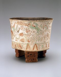 Vaso a treppiede con due soffiatori e uccelli Quetzal negli alberi di cacao, Tardo Xolalpan, 550-650 da Teotihuacan Teotihuacan