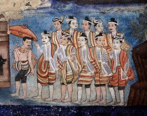 Un gruppo di uomini Thai yai (Shan), dettaglio dei murali del Viharn laikam che ritraggono i Racconti di Sang Thong (murale)