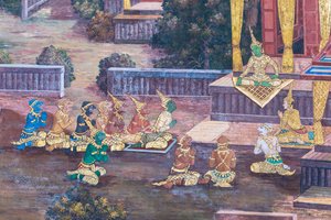 Affresco che raffigura scene del Ramayana al Wat Phra Kaeo, il Palazzo Reale, Bangkok, Thailandia