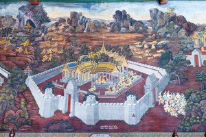 Murale che raffigura scene del Ramayana al Wat Phra Kaeo, il Palazzo Reale, Bangkok, Thailandia