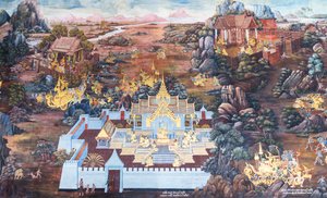 Affresco che raffigura scene del Ramayana al Wat Phra Kaeo, il Palazzo Reale, Bangkok, Thailandia
