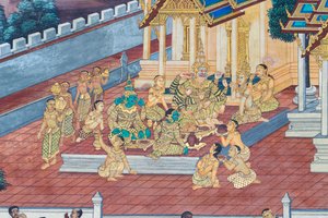 Murale che raffigura scene del Ramayana al Wat Phra Kaeo, il Palazzo Reale, Bangkok, Thailandia