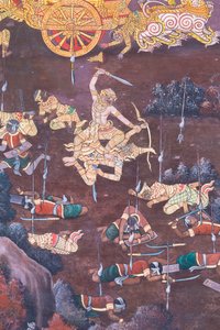 Murale che raffigura scene del Ramayana al Wat Phra Kaeo, il Palazzo Reale, Bangkok, Thailandia da Thai School