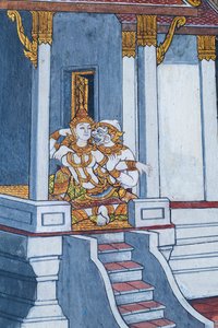 Murale che raffigura scene del Ramayana al Wat Phra Kaeo, il Palazzo Reale, Bangkok, Thailandia