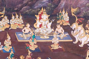 Murale che raffigura scene del Ramayana al Wat Phra Kaeo, il Palazzo Reale, Bangkok, Thailandia da Thai School
