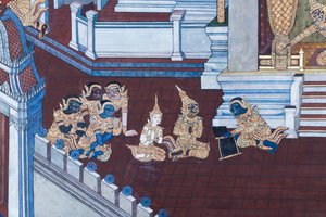 Murale che raffigura scene del Ramayana al Wat Phra Kaeo, il Palazzo Reale, Bangkok, Thailandia