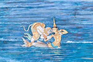 Murale che raffigura scene del Ramayana a Wat Phra Kaeo, il Palazzo Reale, Bangkok, Thailandia da Thai School