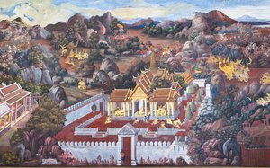 Affresco che raffigura scene del Ramakian al Wat Phra Kaeo, il Palazzo Reale, Bangkok, Thailandia