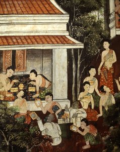 Donne di palazzo che comprano gioielli e specchi da mercanti musulmani, stile Rattanakosin
