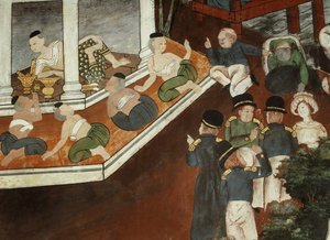 Donna di palazzo che riceve mercanti musulmani e marinai occidentali, scuola Rattanakosin