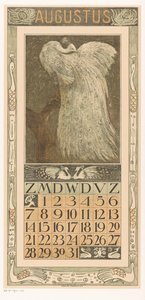 Pagina del calendario di agosto con pavone bianco