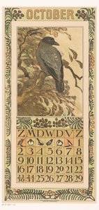 Pagina del calendario di ottobre con cornacchia variopinta (Kalender 1910 12 lithografien door Th. v. Hoytema)