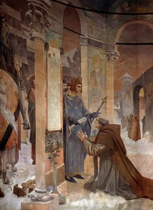 Re Luigi IX (San Luigi) presenta la Carta di Fondazione del Collegio della Sorbona a Roberto di Sorbona