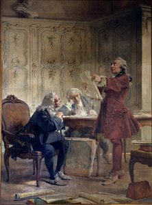 Il naturalista e intendente del Jardin du roi Georges-Louis Leclerc, Conte di Buffon (1707-1788) legge i primi fogli della sua storia naturale davanti al botanico Bernard de Jussieu (1699-1777) e al naturalista Edme-Louis Daubenton (1732-17)