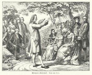 La Corte delle Muse di Weimar: il poeta e drammaturgo tedesco Friedrich Schiller legge a Schloss Tiefurt, con Christoph Martin Wieland, Johann Wolfgang Goethe e Johann Gottfried Herder tra gli ascoltatori da Theobald Reinhold von Oer