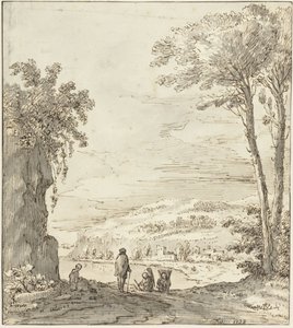 Paesaggio fluviale italiano con escursionisti vicino a una roccia da Theodoor Wilkens