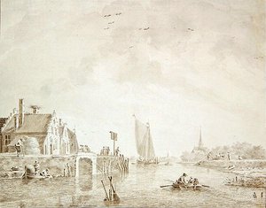 Navi in un estuario vicino a un villaggio con una città in lontananza da Theodor Verrijk