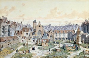 Veduta del cimitero degli Innocenti a Parigi nel 1550 da Theodor Josef Hubert Hoffbauer