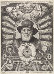Ritratto di Dirck Volckertsz. Coornhert in cornice allegorica da Theodor Matham