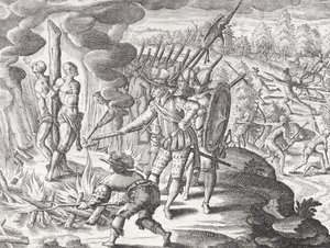 Esecuzione di due indiani Payagua accusati di aver ucciso Juan de Ayolas (†1537) da "Newe Welt und Americanische Historien" di Johann Ludwig Gottfried, pubblicato da Mattaeus Merian, Francoforte. da Theodor de (after) Bry