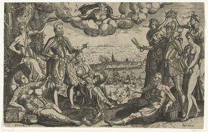 Confronto tra Orange e Alva, con sullo sfondo la Furia Spagnola, ca. 1577 da Theodor de Bry (attributed to)
