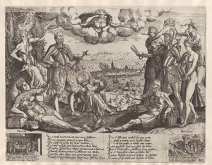 Confronto tra Orange e Alva, con sullo sfondo la Furia Spagnola, ca. 1577 da Theodor de Bry (attributed to)