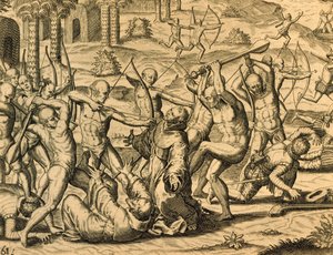 Martirio dei monaci missionari in Sud America, incisione da Historia americae, di Theodor de Bry (1528-1598), Francoforte