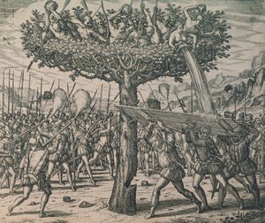 Indigeni nascosti tra gli alberi che combattono contro i conquistatori
