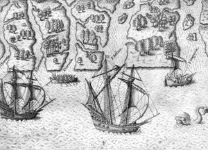Gli esploratori francesi sei fiumi sulla costa della Florida da Theodor de Bry