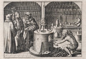 Tre studiosi conversano nel laboratorio di alchimia, con forno e strumenti da Theodor de Bry