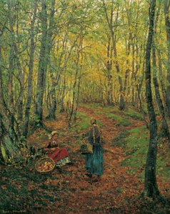 Interno del bosco con una ragazza che cerca funghi da Theodor von Hormann