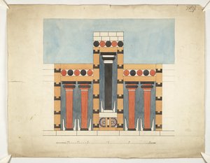 Dipinto che reimmagina il Santuario Tri-partito Centrale nel Cortile Centrale del Palazzo di Minosse a Cnosso (Piani Architettonici di Evans WW/15) da Theodore Fyfe