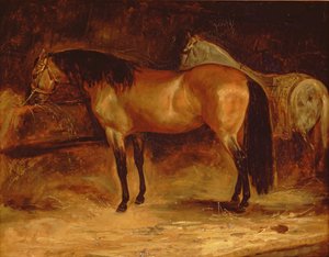 Un cavallo baio a una mangiatoia, con un cavallo grigio in un tappeto da Theodore Gericault