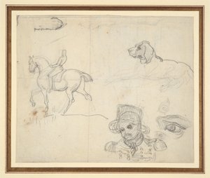 Pagina di schizzi (cavaliere, cane, testa di soldato) da Theodore Gericault