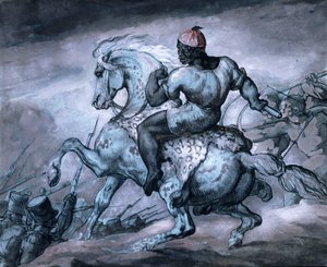 Scena dalla guerra coloniale: un nero su un cavallo impennato