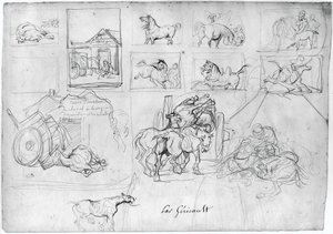 Studio di cavalli (fronte); Un carro seguito da un portatore di cartello (retro) da Theodore Gericault