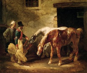 Due cavalli da posta alla porta di una stalla