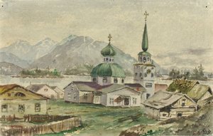 Vista posteriore della chiesa greca, Sitka, 1888 da Theodore J. Richardson