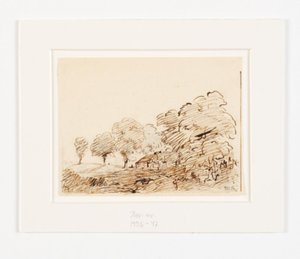 Paesaggio con capanna sotto alberi alti