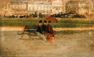 Signore sedute su una spiaggia di Cannes (olio su tavola)