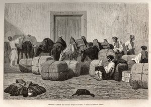 Quando le carovane turche arrivano alla dogana di Sebenico (Serbia), i viaggiatori commerciali scaricano le balle dal dorso dei loro cammelli per verificare la quantità e la natura delle merci. Incisione dopo il disegno di Theodore Valerio, per illustrare  da Theodore Valerio