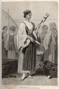 Donna di Sebenico (Serbia), che usa fusi per filare la lana, nella piazza del mercato. Incisione dopo il disegno di Theodore Valerio, per illustrare una storia sulla Dalmazia, di Charles Yriarte, nel 1874, pubblicato in 