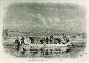 Una barca sul fiume di Hue (Vietnam), disegno di Th. Weber, per illustrare la storia di otto giorni di ambasciata a Hue (Regno di Annam), nel 1875, di Mr. Brossard de Corbigny, tenente (N), allegato alla missione. Incisione in Le tour du monde.