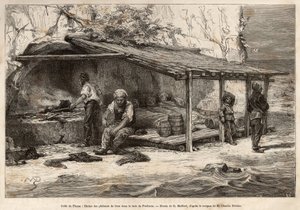 Un rifugio per la pesca del tonno nella baia di Proelucca, Golfo di Fiume (o Rijeka, Istria), tre pescatori stanno ancora dormendo, avvolti in coperte, un altro si equipaggerà e sostituirà la vedetta, un altro preparerà la cucina e il muschio vaga ai piedi