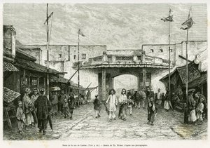 Porta della strada Canton a Hanoi. Incisione di Th. Weber, da una fotografia, per illustrare il racconto Trenta mesi nel Tonchino nel 1884, del dottor Hocquard, in Le Tour du monde 1889, sotto la direzione di Edouard Charton (1807-1890), Hachette, Parigi