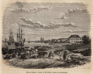 La rada di Saigon, incisione da un disegno di T. Weber, illustrando il viaggio in Cocincina, del Dottor Morice, nel 1872, pubblicato in 