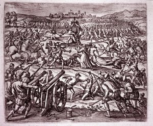 Un monaco domenicano, sentendosi deriso dal re inca Atahualpa, incoraggia Francisco Pizarro a vendicarsi da Theodore de Bry